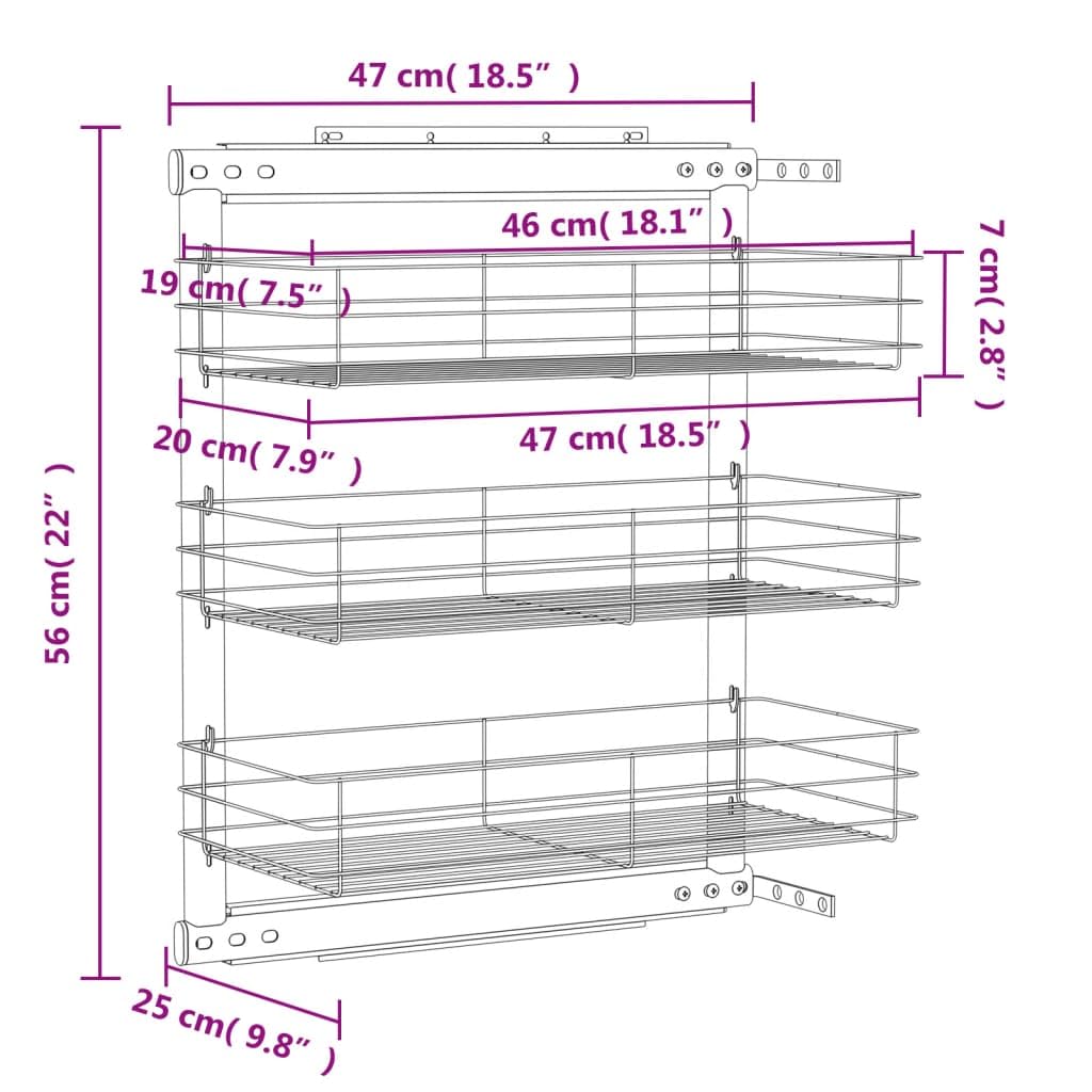 vidaXL Bandeja Extraíble Cocina 3 Niveles Alambre Plateado 47x25x56 cm Canasta Accesorios para Organización Optimización Práctica Espacio Utensilios