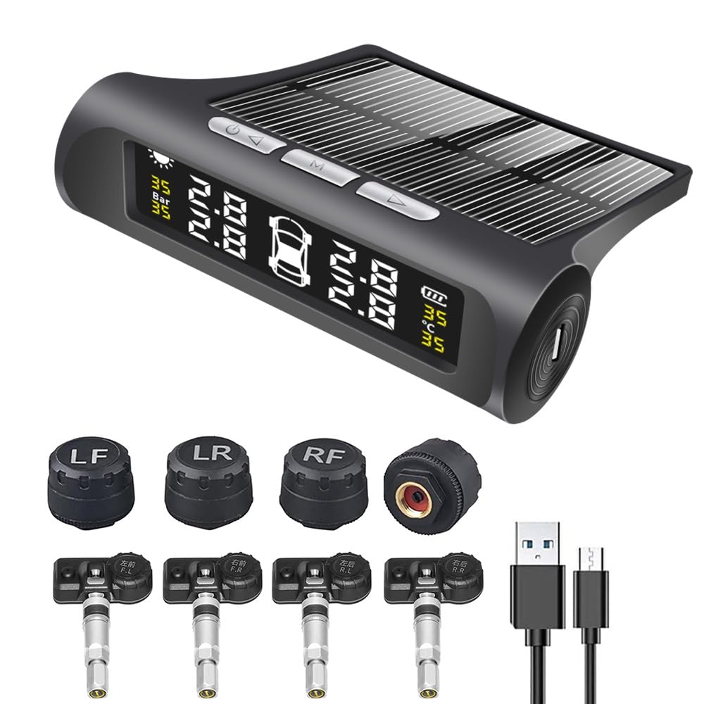 Tpms Sensore for auto Misuratore di pressione dei pneumatici solare 4 sensori Allarme Sistema di monitoraggio della pressione dei pneumatici for auto Sicurezza della pressione delle ruote Pressione Pn