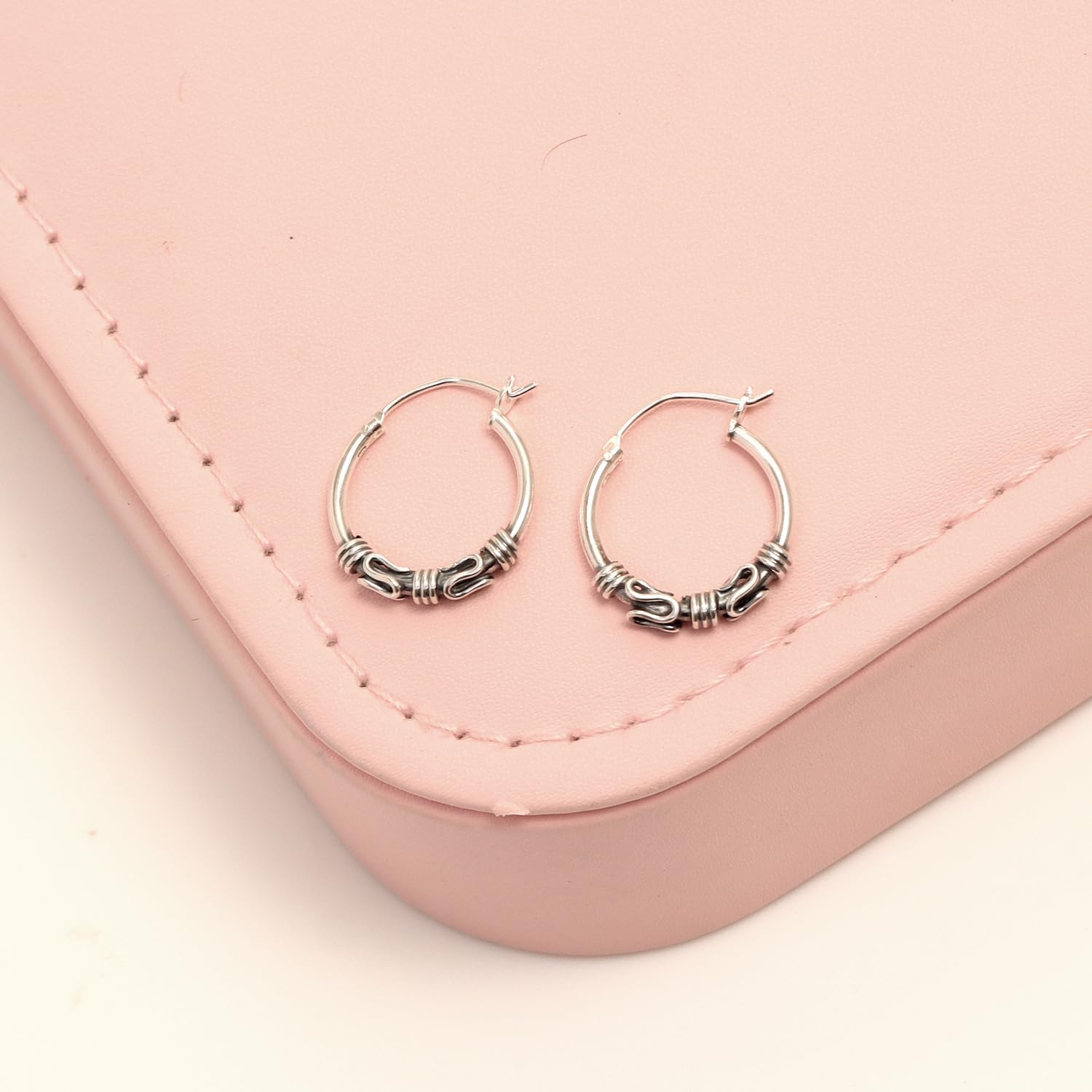 Charmsy 925 Sterling Silver Balinese Beaded Hoop Earrings for Women | Small Antique Vintage Balinese Art Inspired Boho Tribal Hoop Earring | Women's Round Shape Bali Hoops Earring