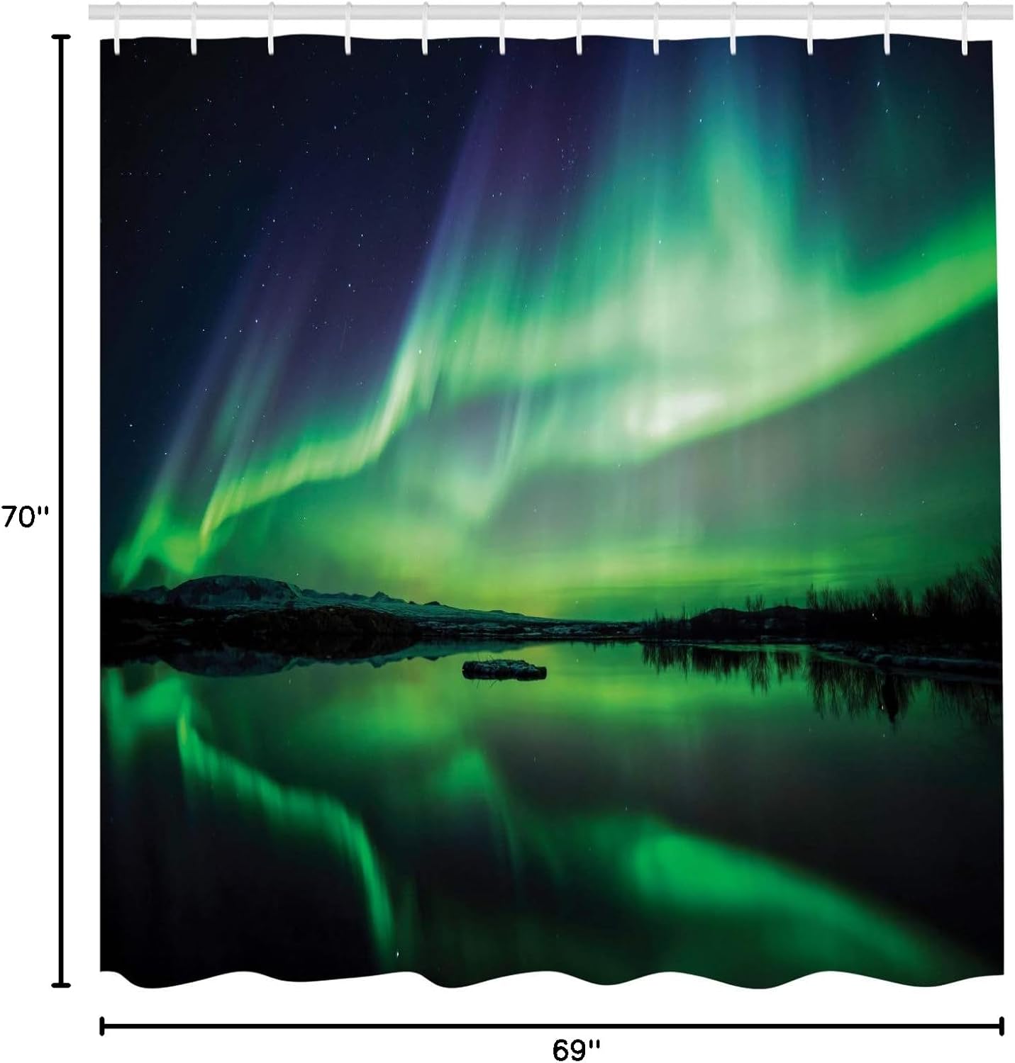 Ambesonne Iceland Shower Curtain, Aurora Borealis View Over Lake Thingvellir National Park Nature Print, Cloth Fabric Bathroom Decor Set with Hooks, 69" W x 70" L, Sea Green and Night Blue