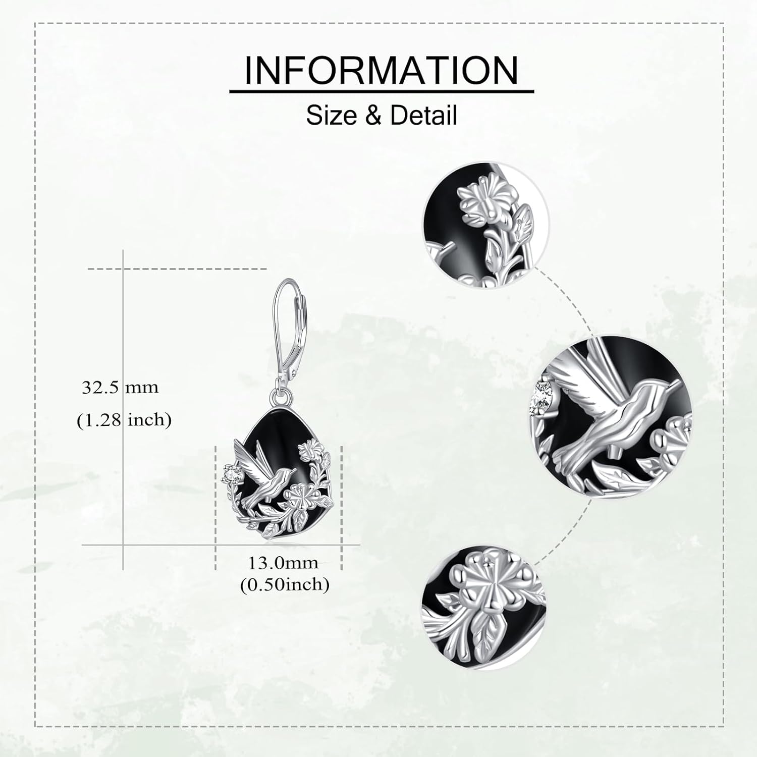 Lab Grown Diamond Hummingbird Dangle Earrings Sterling Silver Black Onyx Hummingbird Jewelry Gift for Women