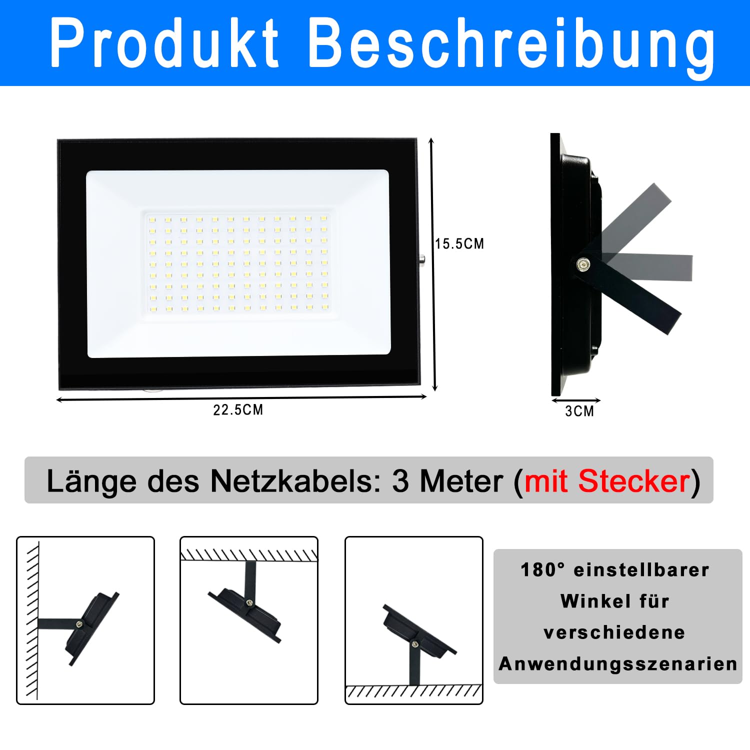 Led Strahler Außen 100W 3000K Warmweiß 2 stück, Aluminium Superhell 8500LM LED Scheinwerfer mit Stecker und 3 Meter Kabel, IP66 Wasserdicht Außenstrahler für Garten, Parkplatz, Garage