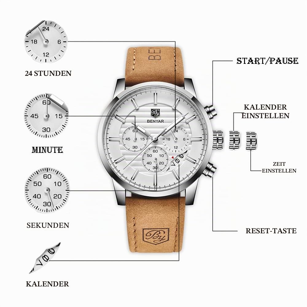 BY BENYAR Herrenuhr Mode Quarzwerk Armbanduhr Analog Chronograph Business Wasserdicht und Kratzfest Edelstahlarmband Freizeit Sportuhren für Herren