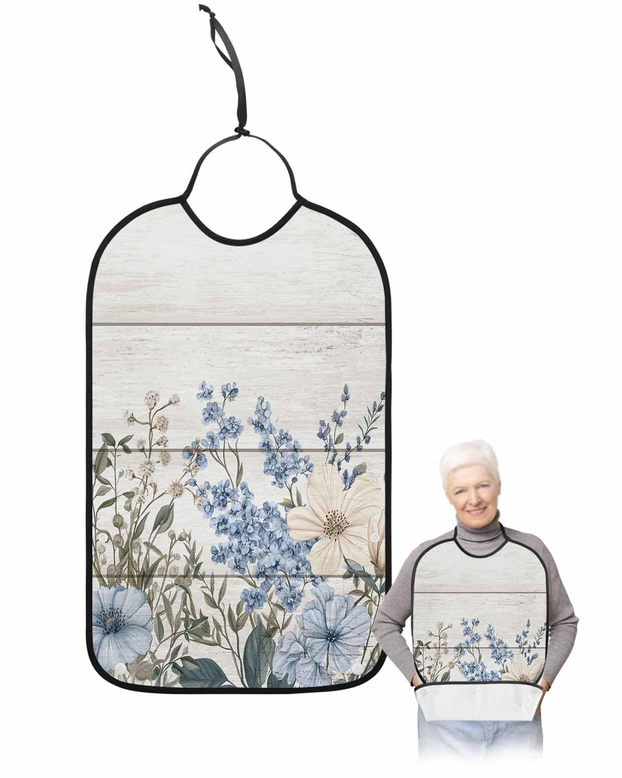 Adult Bibs for Elderly Women - Blue Floral Spring Waterproof Dining Clothing Protectors with Crumb Catcher for Eating/Feeding, Summer Botanical Flower Vintage Terry Cloth Bib Machine Washable