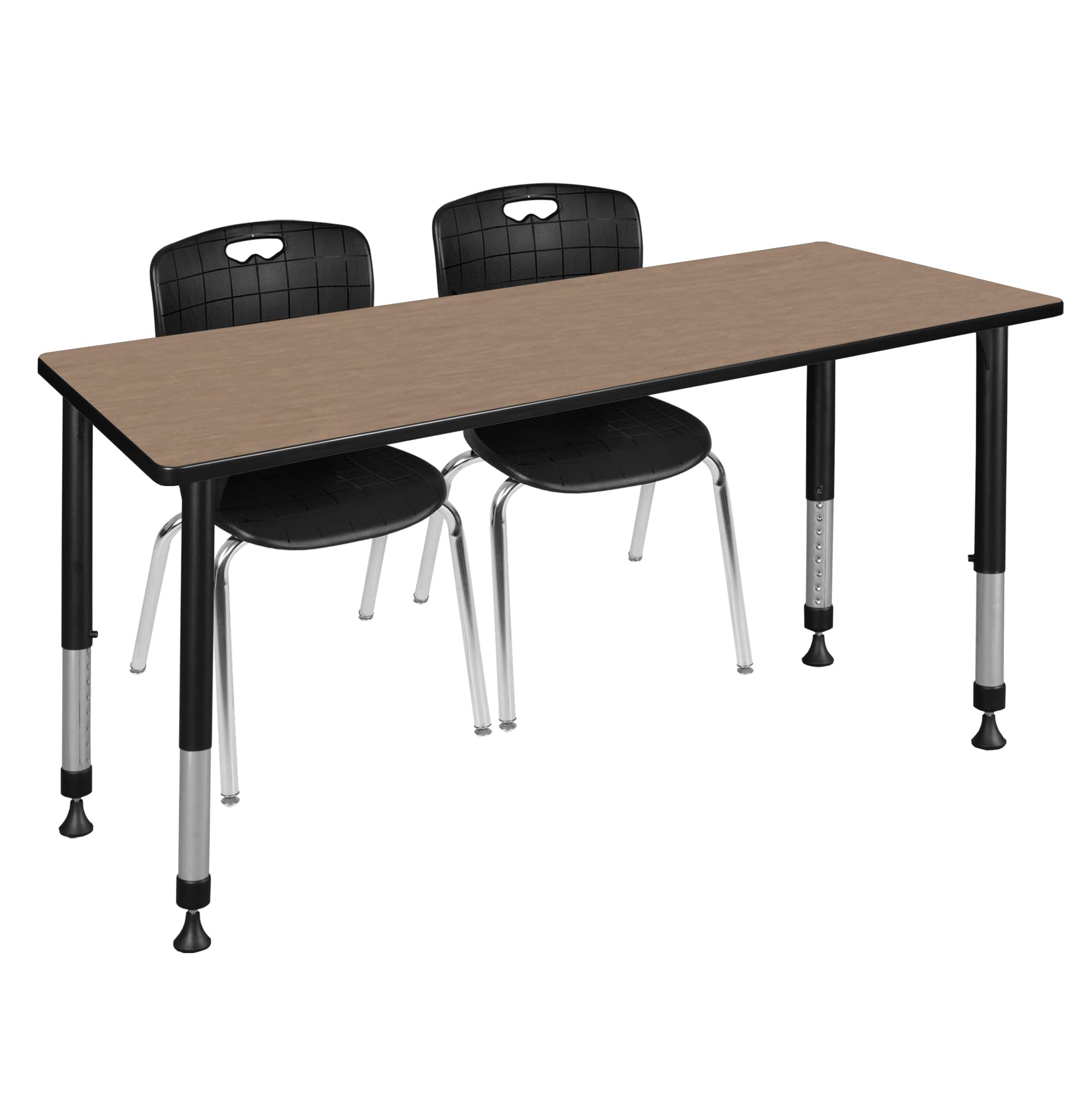 Regency Kee 72 x 24 in. Adjustable Classroom Table- Noble Oak Top, Black Base & 2 Andy 18 in. Black Stack Chairs