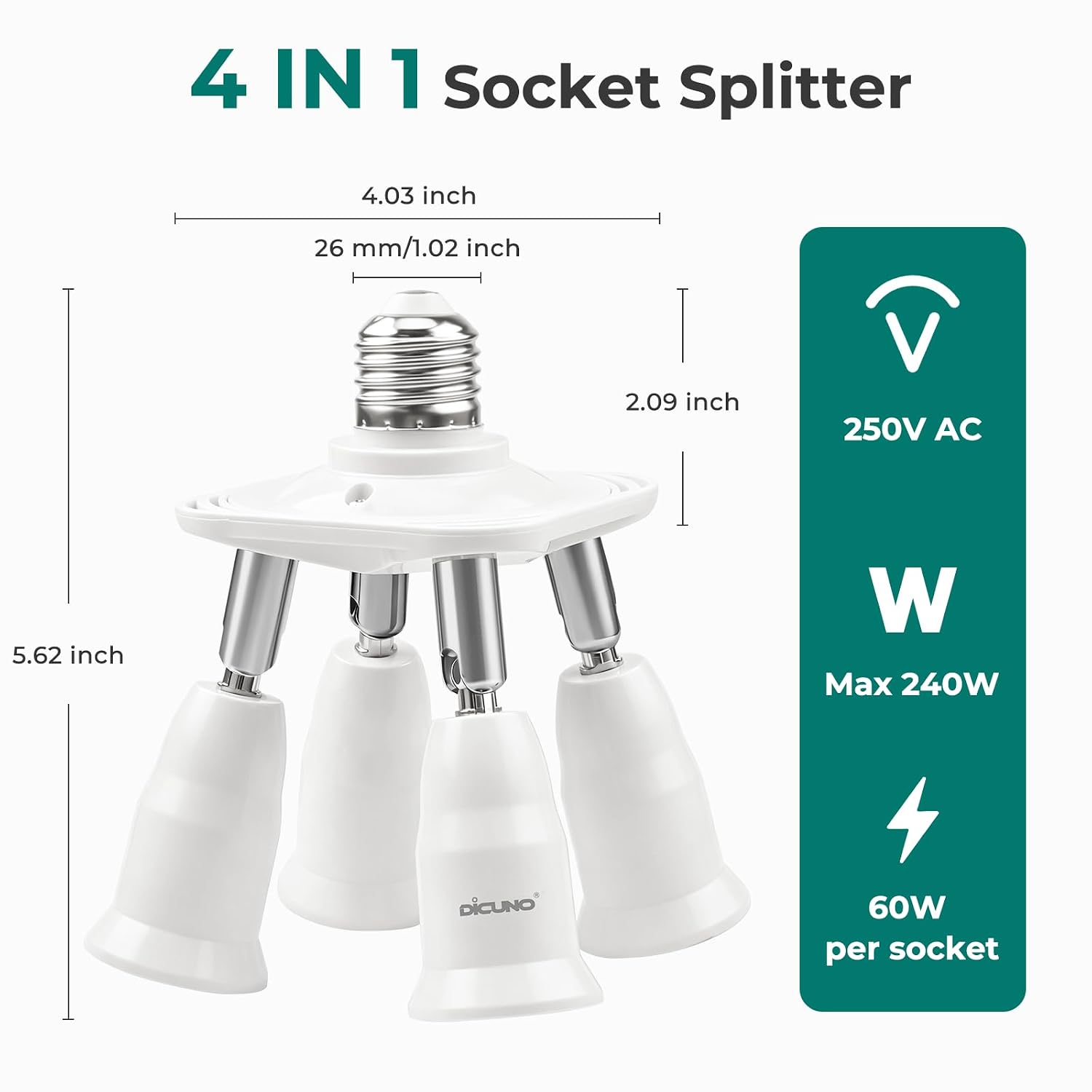 DiCUNO 4 in 1 E26 Light Socket Splitter, 360° Adjustable and 180° Bendable | Adjustable E26 Socket Adapter, Standard Base LED Bulb Converter, 4 Way Bulbs Socket Holder, 240W (60W for each socket), 250V