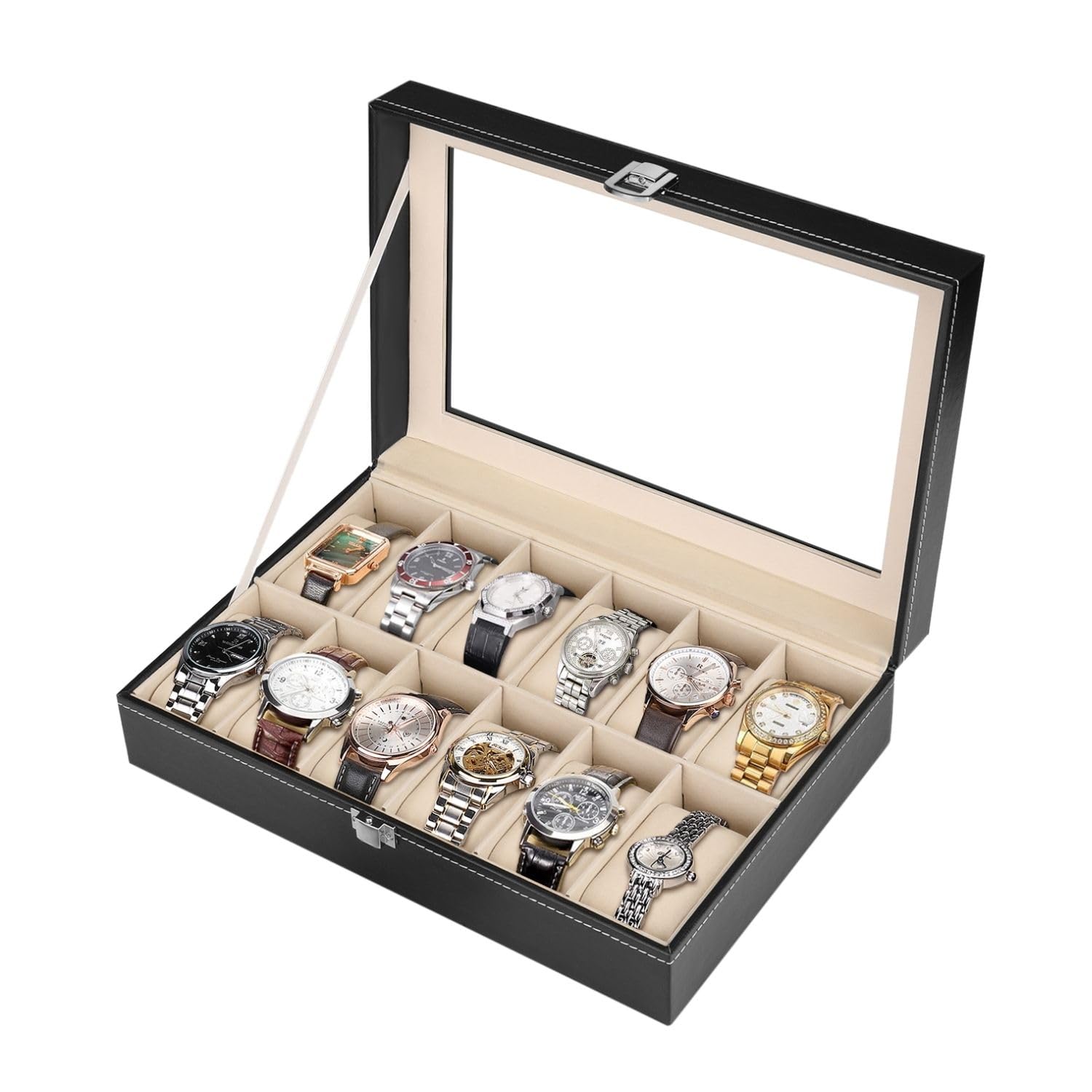 Flexzion Flexzion Watch Box Organizer For Men And Women - Jewellery Watch Case Holder Display Storage Collector Luxury Set With Glass Top Display Viewing Window PU Leather Velvet Pillows Black (12 Slo (B073V93257) Amazon Price History, Amazon Price Tracker