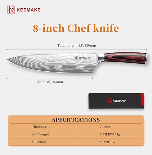 Miniatura 4 de KEEMAKE Cuchillo de chef de 8 pulgadas, cuchillo de cocina ultra afilado 1.4116 con hoja de acero inoxidable de alto carbono, mango ergonómico,