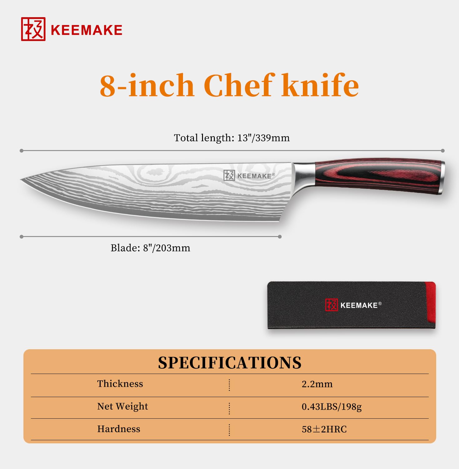 KEEMAKE Chef Knife - 8 Inch High Carbon Stainless Steel Kitchen Knife with Ergonomic Handle, Professional Non-Slip Ultra Sharp Knives for Cooking - 5
