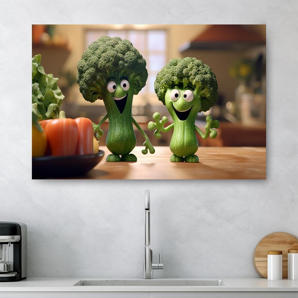 Lustige Küchen-Wanddekoration, verschiedene grüne Gemüse-Kunst, Brokkoli-Freunde, verspielte Cartoon-Illustrationen, Küchen-Wandkunst für Küche, Esszimmer, Dekoration, Gemüsekost-Poster für