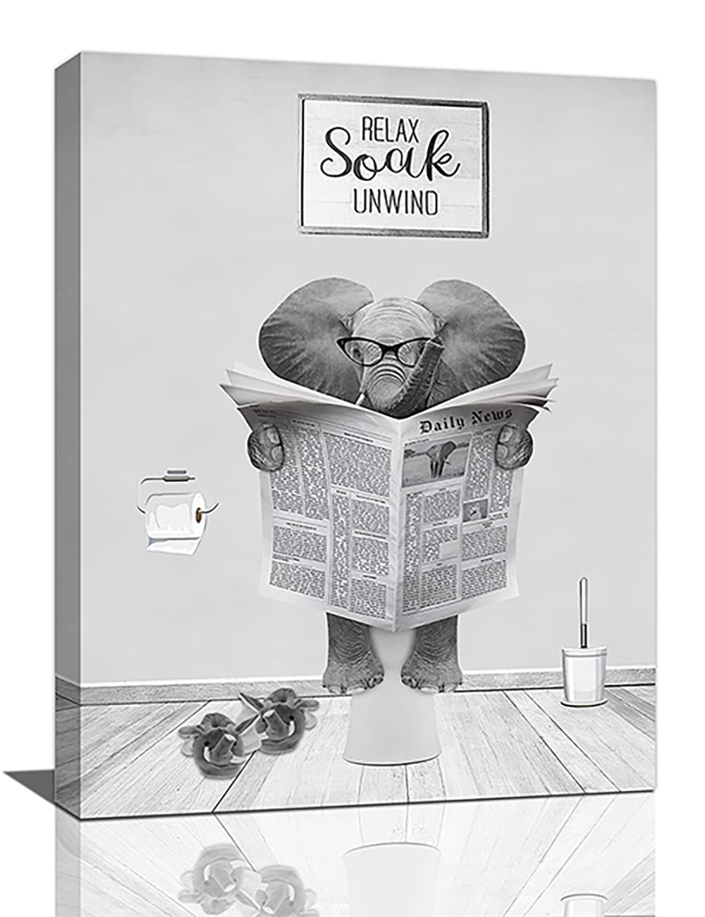 Farmhouse Elephant Bathroom Wall Art Funny Elephant Bathroom Pictures Wall Decor Elephant on Toilet Relax Soak Unwind Animal Bathroom Sign Canvas Painting Print Artworks Framed Toilet 16"x12"