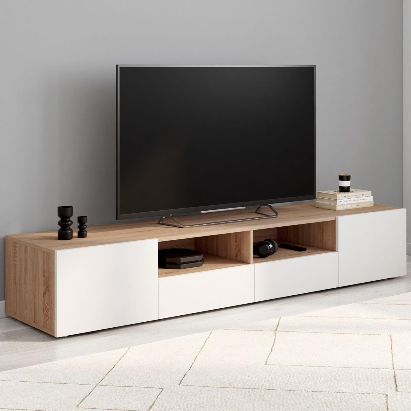 IDMarket - Mueble de TV 180 cm ELI Madera imitación de haya Puertas Blancas