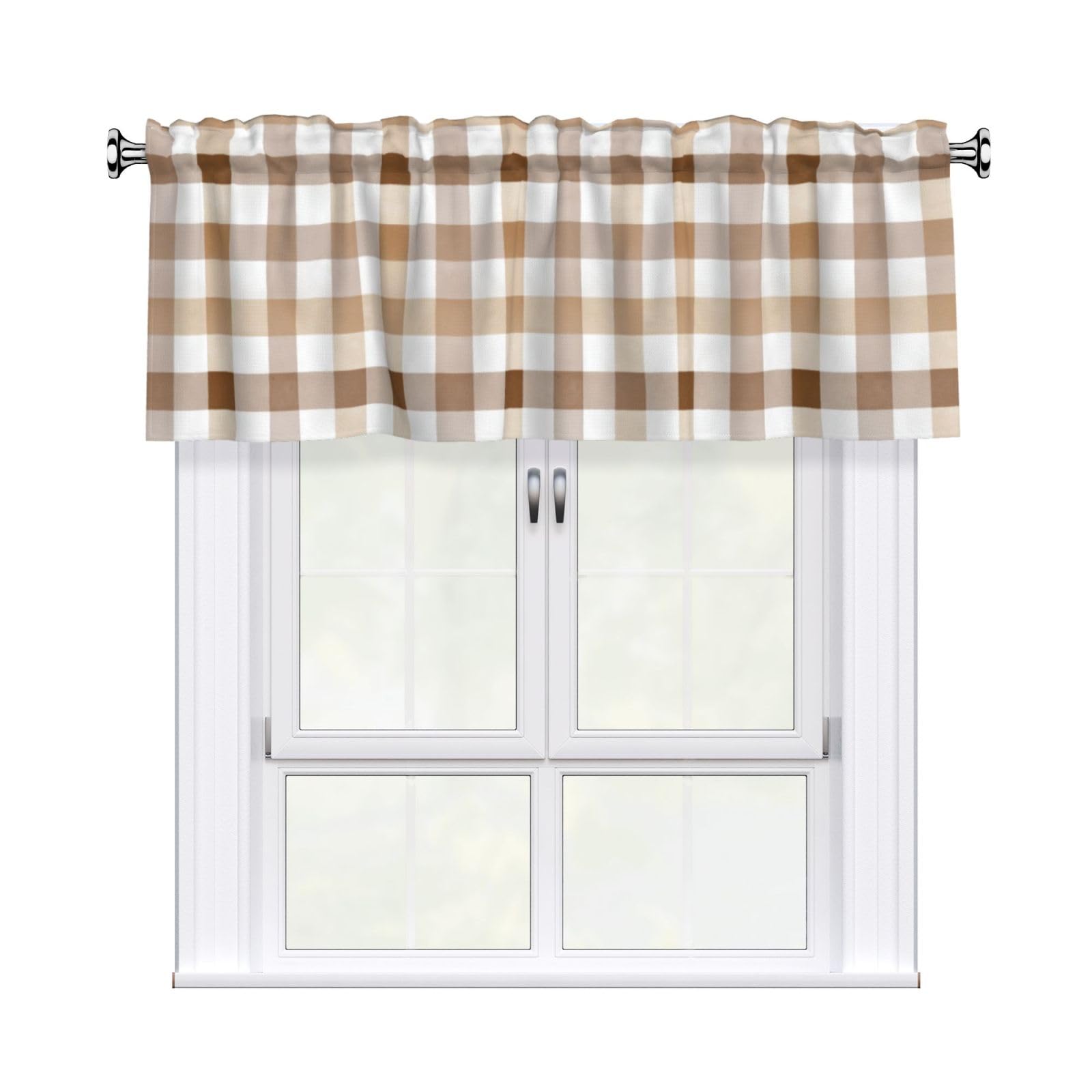 Woshuwo Watercolor Checkered Pattern Light Brown White Valances For Windows Rod Pocket Window Treatment Short Curtains For Kitchen Living Room Bedroom Decor 54x18in