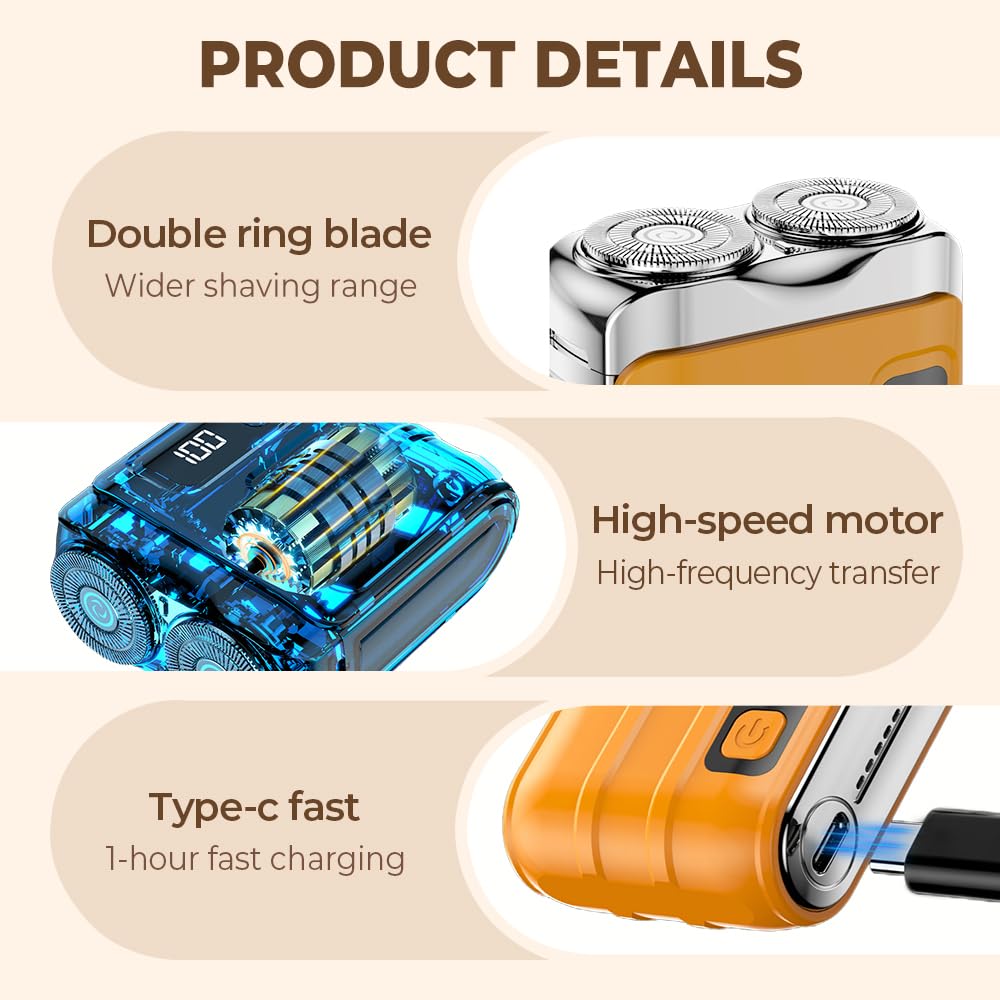 Rasoio elettrico rotativo portatile a doppio anello, rasoio elettrico compatto a umido e ad aria, da viaggio, da uomo, ricaricabile con USB-C, impermeabile, facile da pulire (nero)