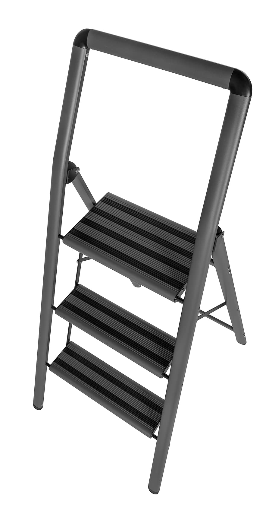 WENKO Leichte Aluminium Leiter Compact, 66 cm höher, Klapp-Trittleiter, 3 rutschsichere Stufen, Sicherheitsbügel & Haltegriff, 48 x 114,5 x 6 cm, Dunkelgrau