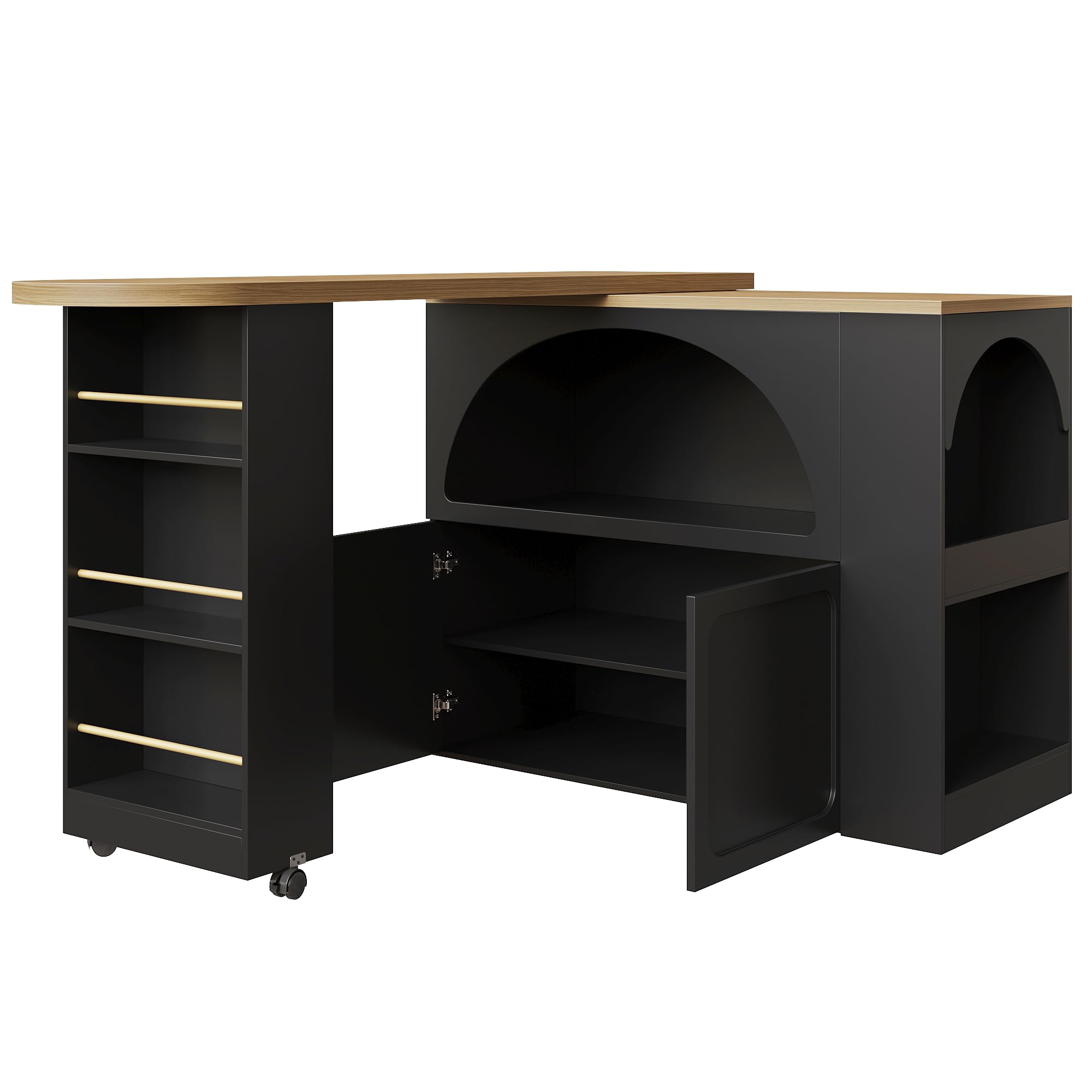LAKFEW Mesa de Bar Extensible y Giratorio con LED y 2 Ruedas, Mesa Alta Cocina con 2 Puertas y Estante de Almacenaje, Isla Cocina con Barra, Mueble Bar Mueble Auxiliar, 135(205) x39x100 cm, Negro