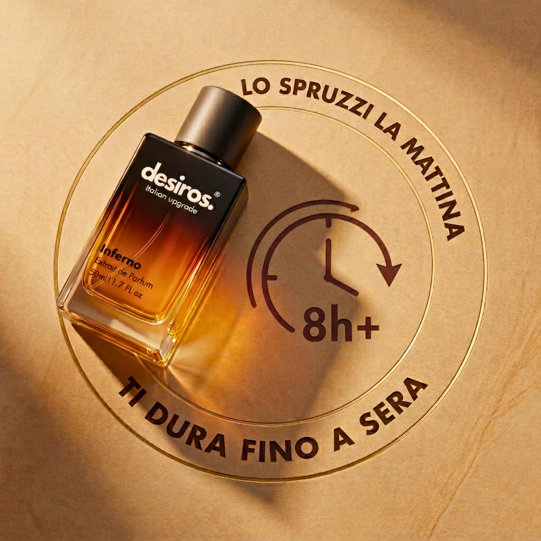 Desiros Inferno - Estratto di Profumo Uomo Italiano Seducente a Lunga Durata Intenso Elixir - Perfume di Marca - Parfum con Note Agrumate, Fresche, Legnose - 25% di Oli Essenziali - Regalo Uomo - 50ml