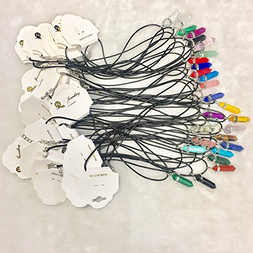 Keyzone 50Pcs Gemstone Bullet Meditation Hexagonal Healing Pointed Chakra Beads Quartz Crystal Stone Pendants For Necklace Jewelry Making With 50Pcs Leather Cord, Assorted Color #TOP1