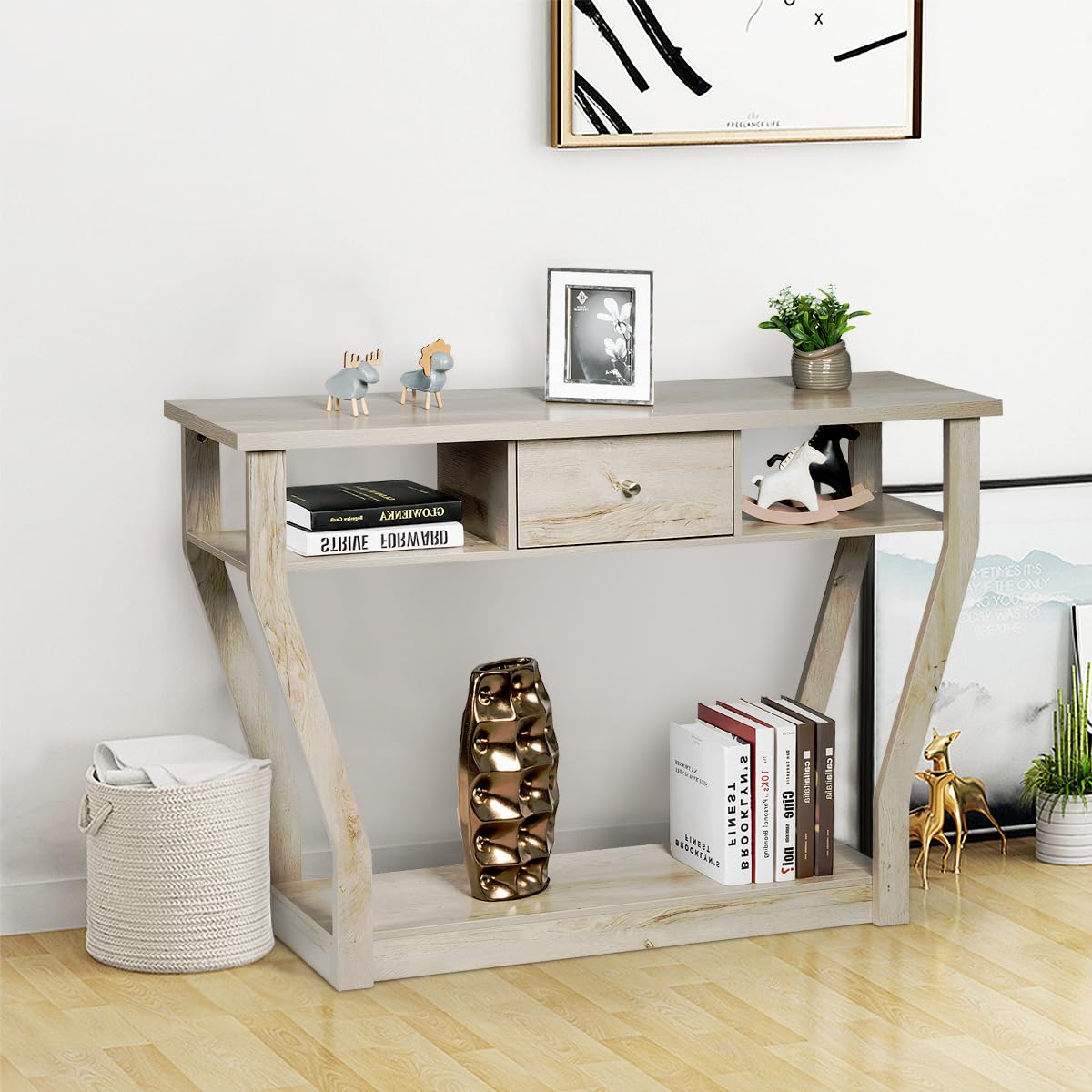 COSTWAY Tavolo Consolle in Legno, Consolle con Cassetto e Ripiani, Tavolo d'Ingresso Multiuso per Salotto, Corridoio e Entrata 120 x 30 x 81 cm (Grigio)