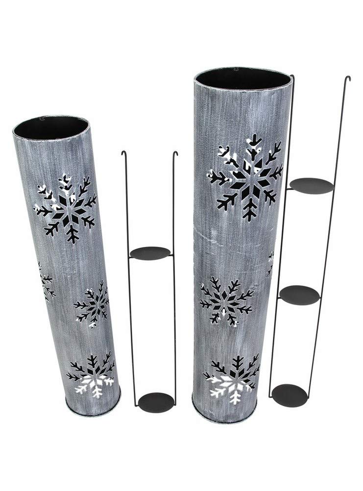 2 Stück Windlichtsäulen Schneeflocke aus Metall, 88 + 100 cm hoch, Kerzenhalter, Gartenlaterne, Bodenwindlicht, Dekosäule mit Kerzenglas, Metallsäule, Kerzensäule