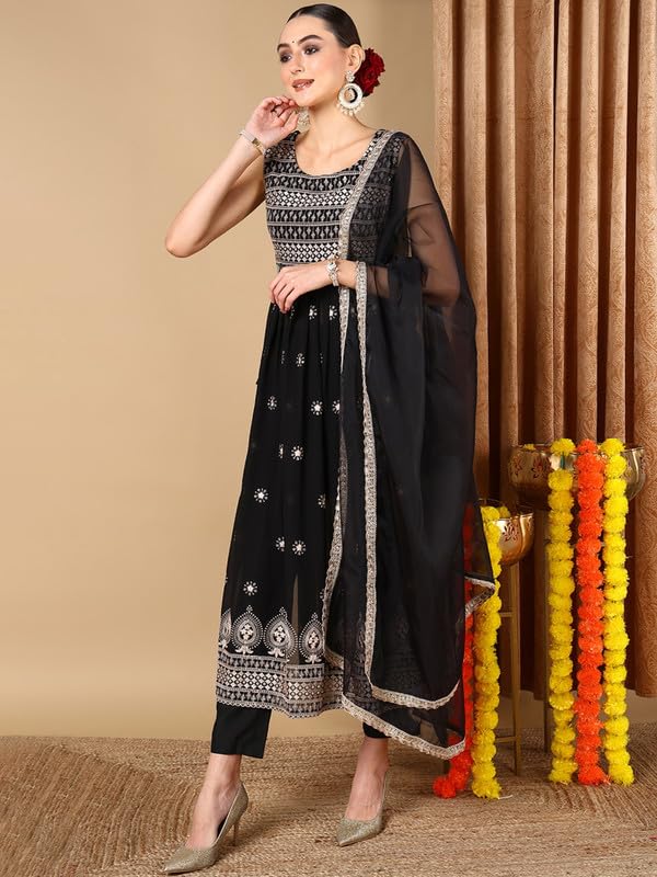 Image of Vaamsi Women's Poly Georgette Solid Embroidered Straight Kurta Pant With Dupatta With Inner
