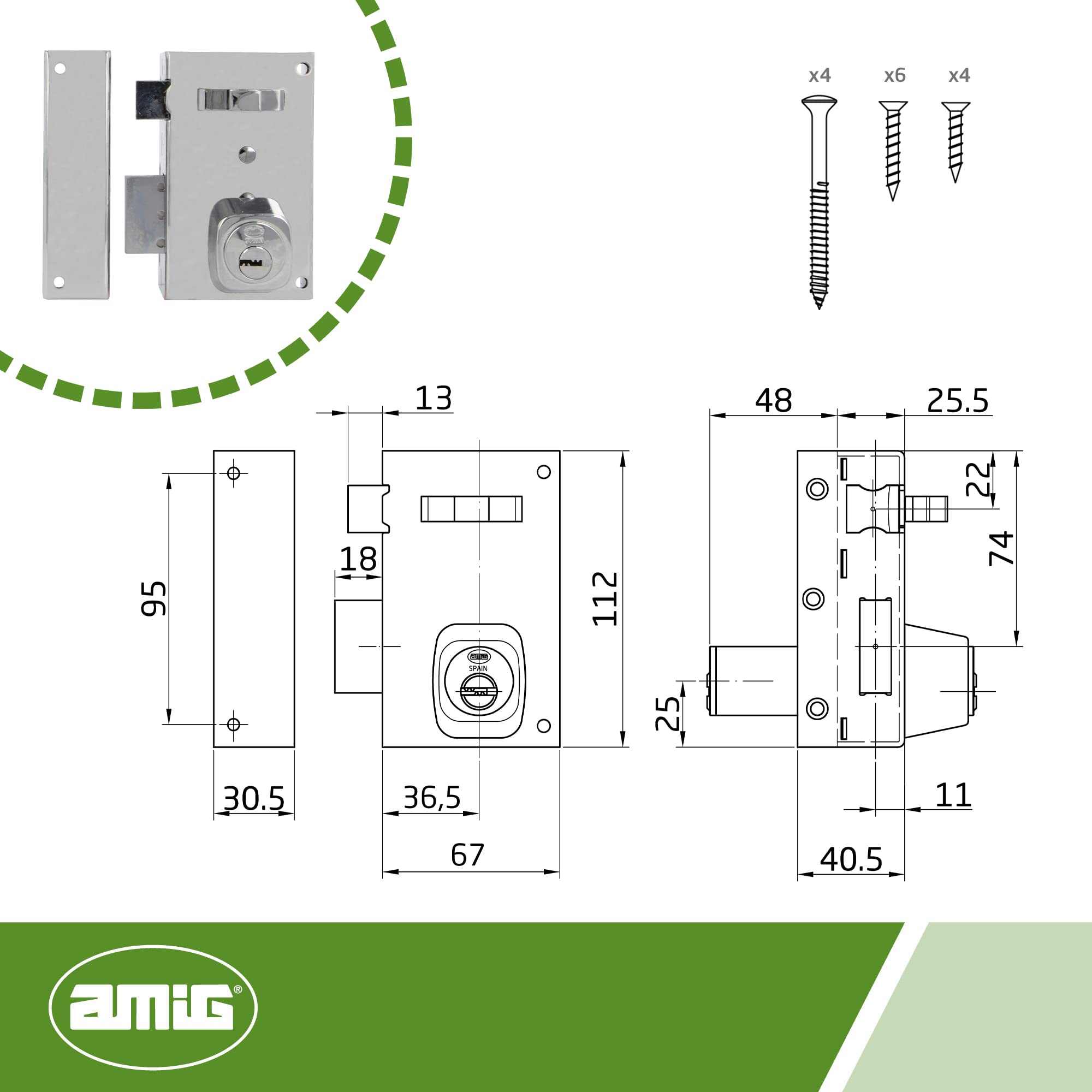 Amig - Cerradura de Sobreponer de Izquierda con Palanca de Cierre - Lengüeta y Tirador - Para Puertas de Madera - Mod. 75, 67 x 112 mm - Cilindro Redondo de Seguridad - Acero - Plateado