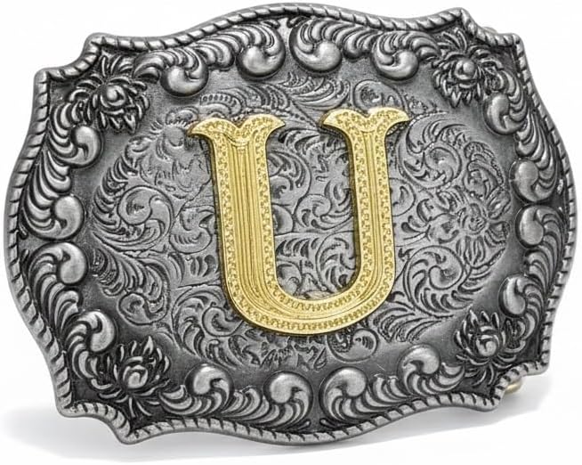 Western Initial Belt Buckle Men Women Gold Letter Monogram Silver Floral Engraved Cowboy Rodeo Gift