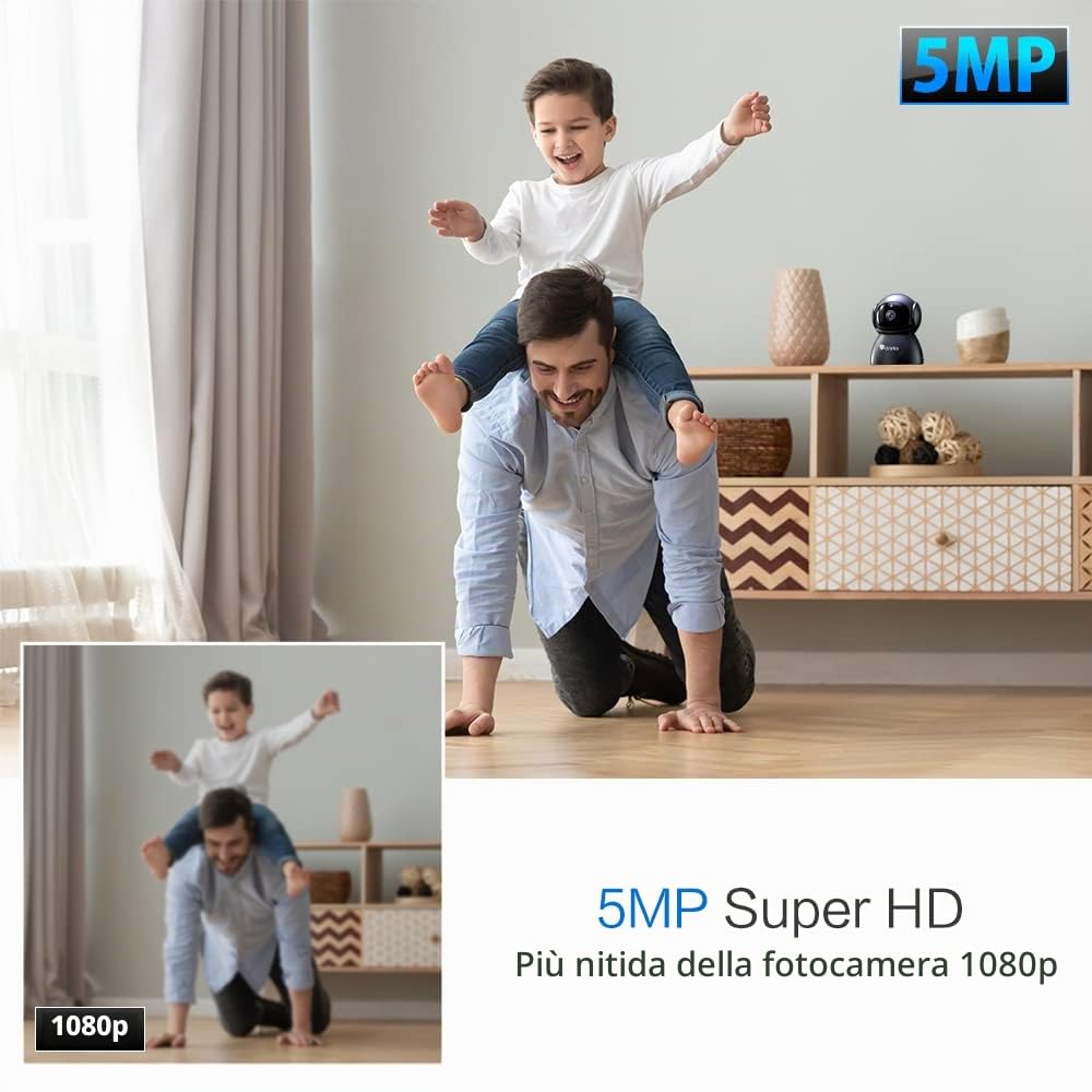 Ctronics 5MP PTZ Telecamera Wifi Interno Videocamera Interno con Pan 355°/Tilt 90° Rilevamento Umano/Movimento Auto Tracking Visione Notturna IR Audio Bidirezionale per Bambino/Animale Nero | Pan 355°/Tilt 90°, Rilevamento Umano/Movimento, Auto Tracking,