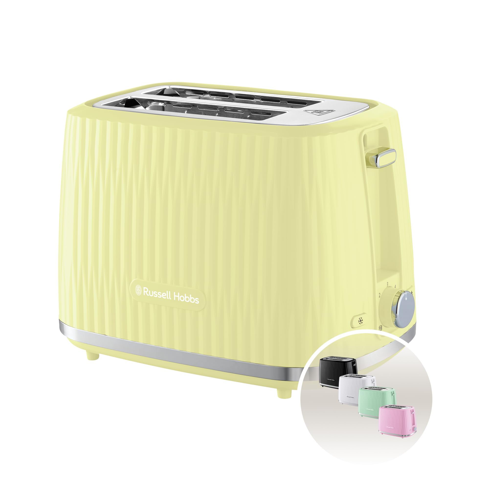 Russell Hobbs Toaster 2 Slice (6 Browning Levels, High-Lift Feature, Frozen, Reheat and Cancel Settings, Removable Crumb Tray, Textured Exterior, Lemon Yellow) Eden 27373