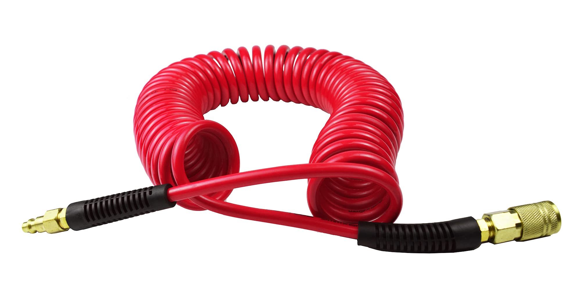 YOTOO Manguera de aire de retroceso de poliuretano de 1/4 pulgadas de diámetro interior por 25 pies de largo con restrictor de curva, acoplador rápido industrial de 1/4 pulgadas y enchufe, rojo