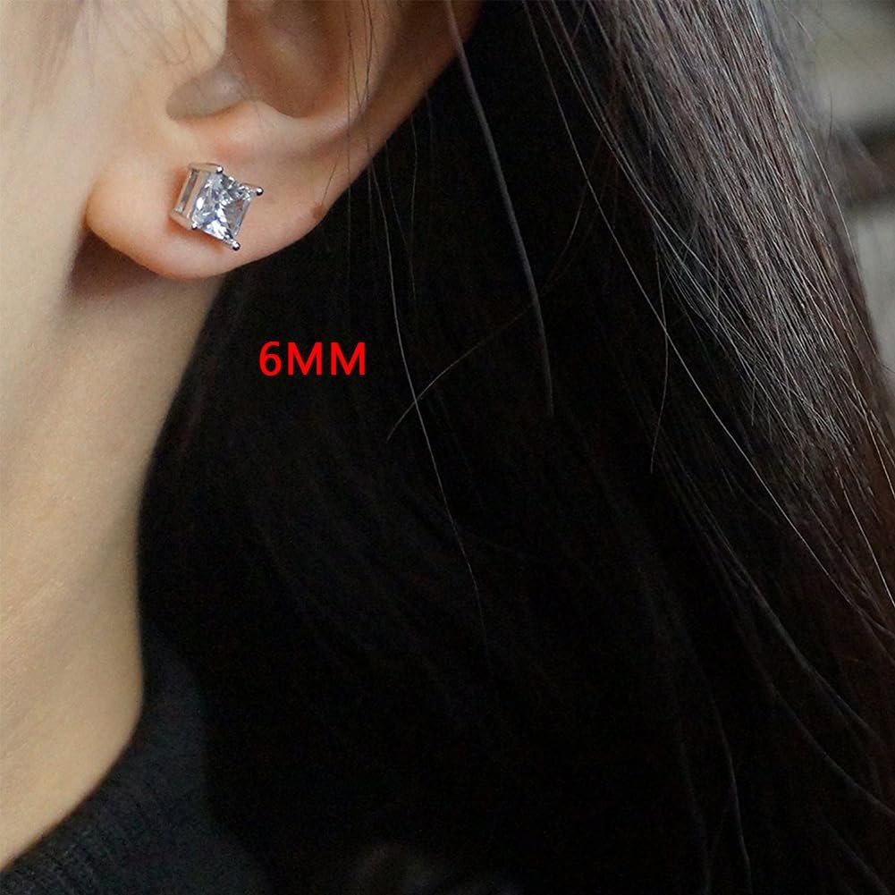 925 Sterling Silver Princess Cut Cubic Zirconia Stud Earrings for Women Men 4 Prong Sparkling Simulated Diamond Brilliance CZ Studs Ear Piercing Earring Hypoallergenic Jewelry, 4-8MM Available