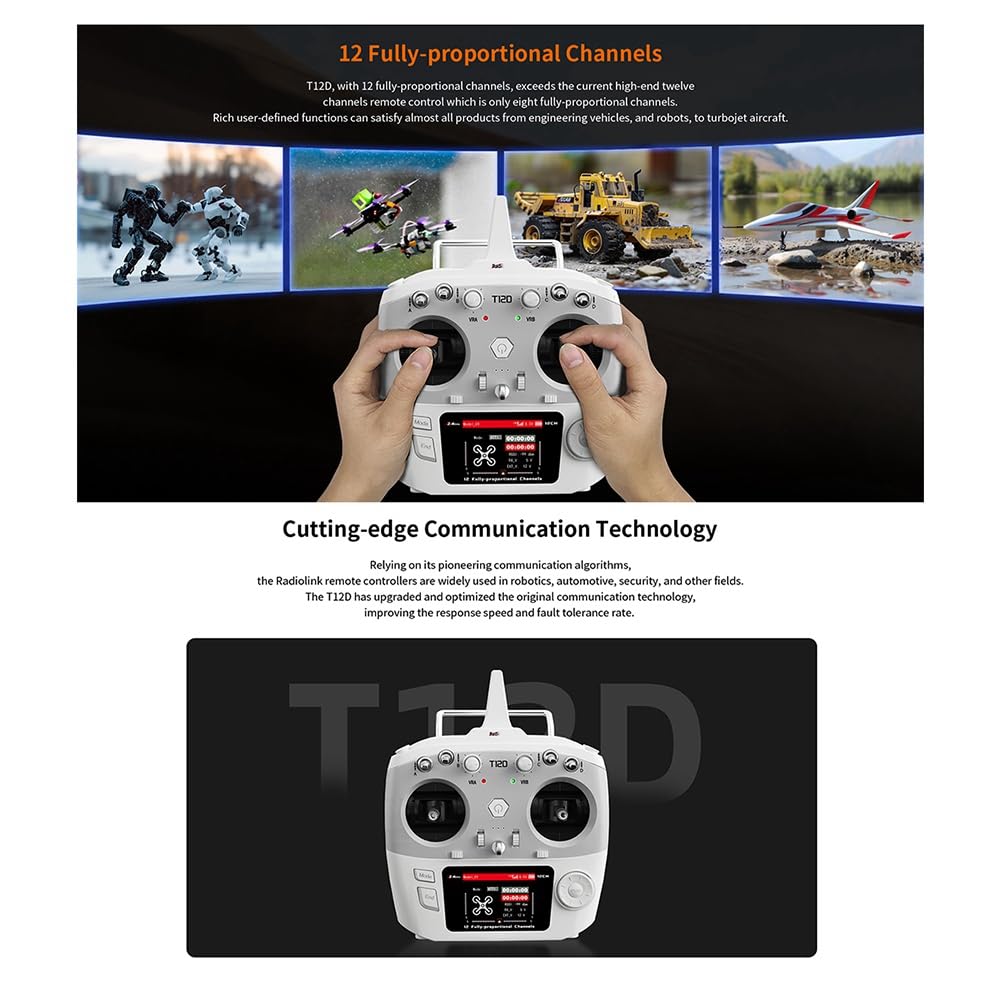 Per RadioLink T12D 12CH Trasmettitore RC + Ricevitore R12F 2.4GHz Controller Remoto per Drone FPV, Aeroplani A Ala Fissa e Automobili R