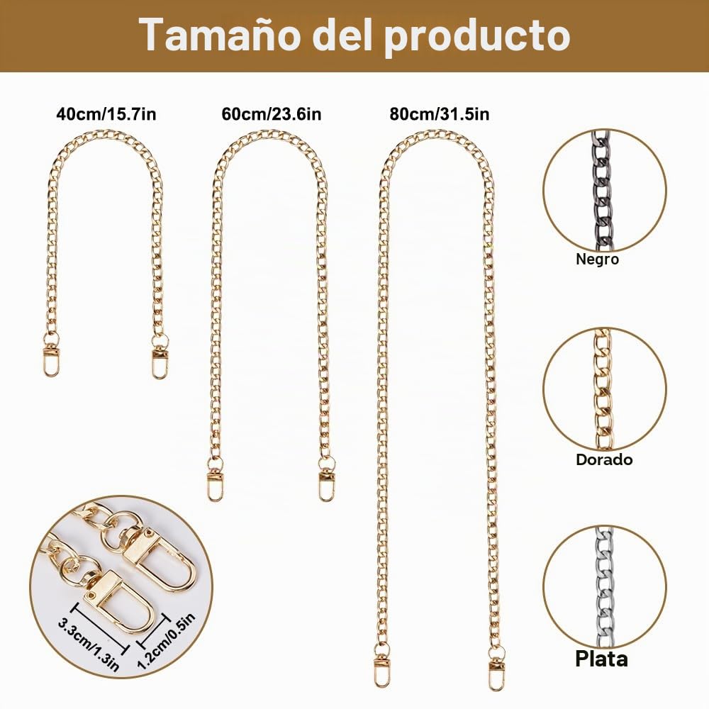 8 Piezas Cadenas de Bolsa Oro Plateado, Cadenas para Bolsos Set de Mujer con Hebillas, Duradero Sin Correa de Cadena Plana Metal para DIY Bolso de Hombro, Embragues, Carteras (40cm, 60cm, 80cm)
