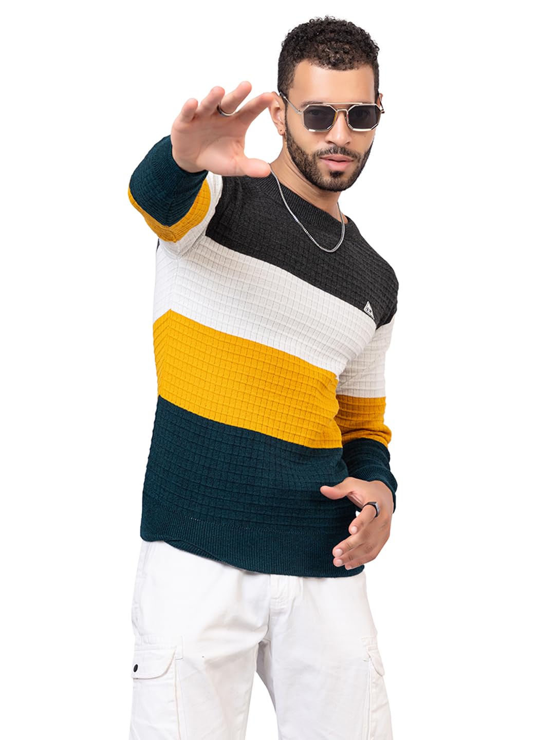 Style Dusk Men’s Striped Knit Sweater | Textured Grid Pattern Pullover with Long Sleeves | Stylish Winter Casual & Office Wear Knitwear Sweater