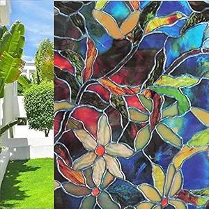 STICKSTUFF Polyvinyl Chloride Premium Self Adhesive Heat Control Anti UV 3D Patti Botanical Privacy Window Films for Bathroom Door, Window (16x48 Inch, Blue)