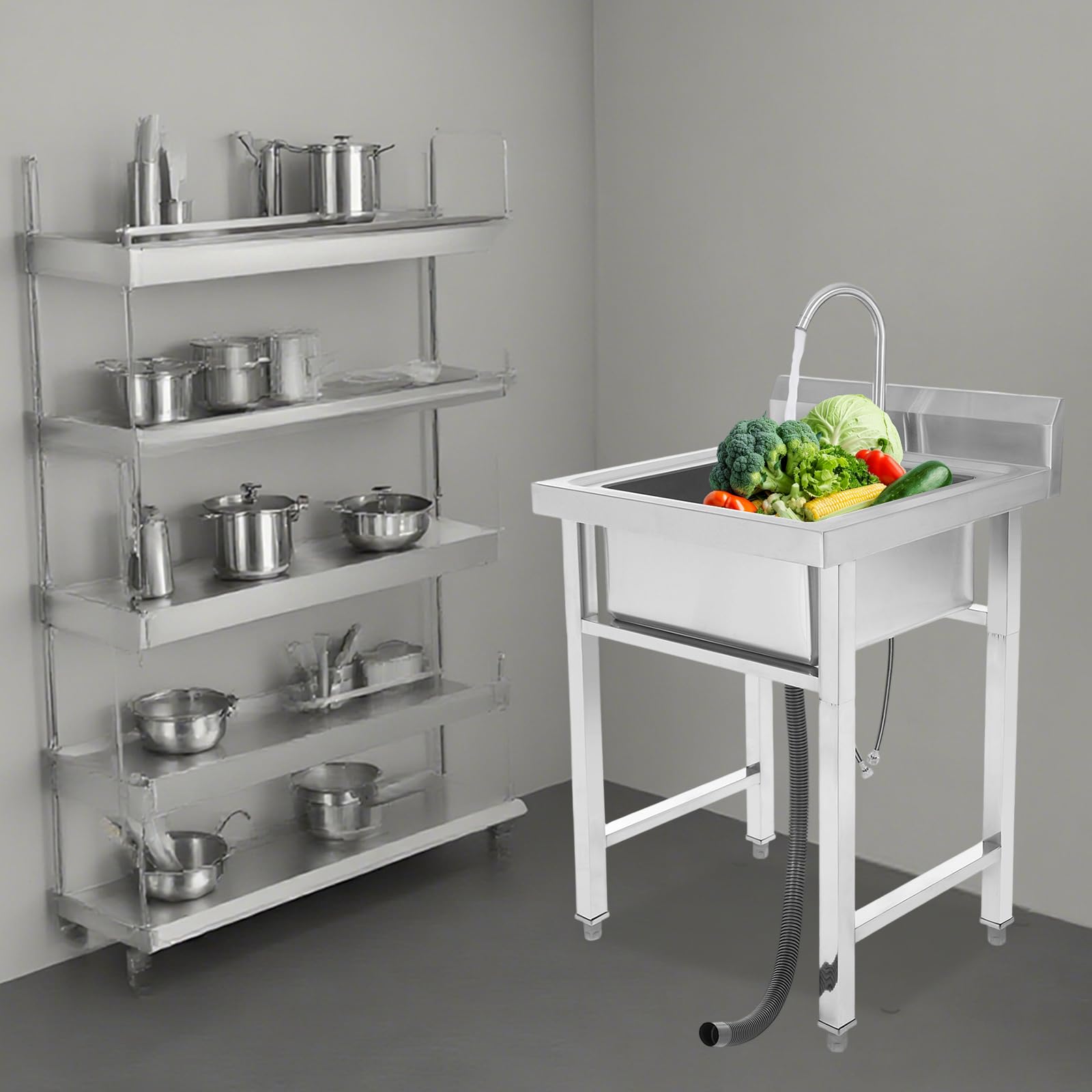 Lavandino singolo in acciaio inox con supporto, per la casa, semplice lavandino con rubinetto, pratico lavandino multiuso autoportante per lavanderia/cortile/garage