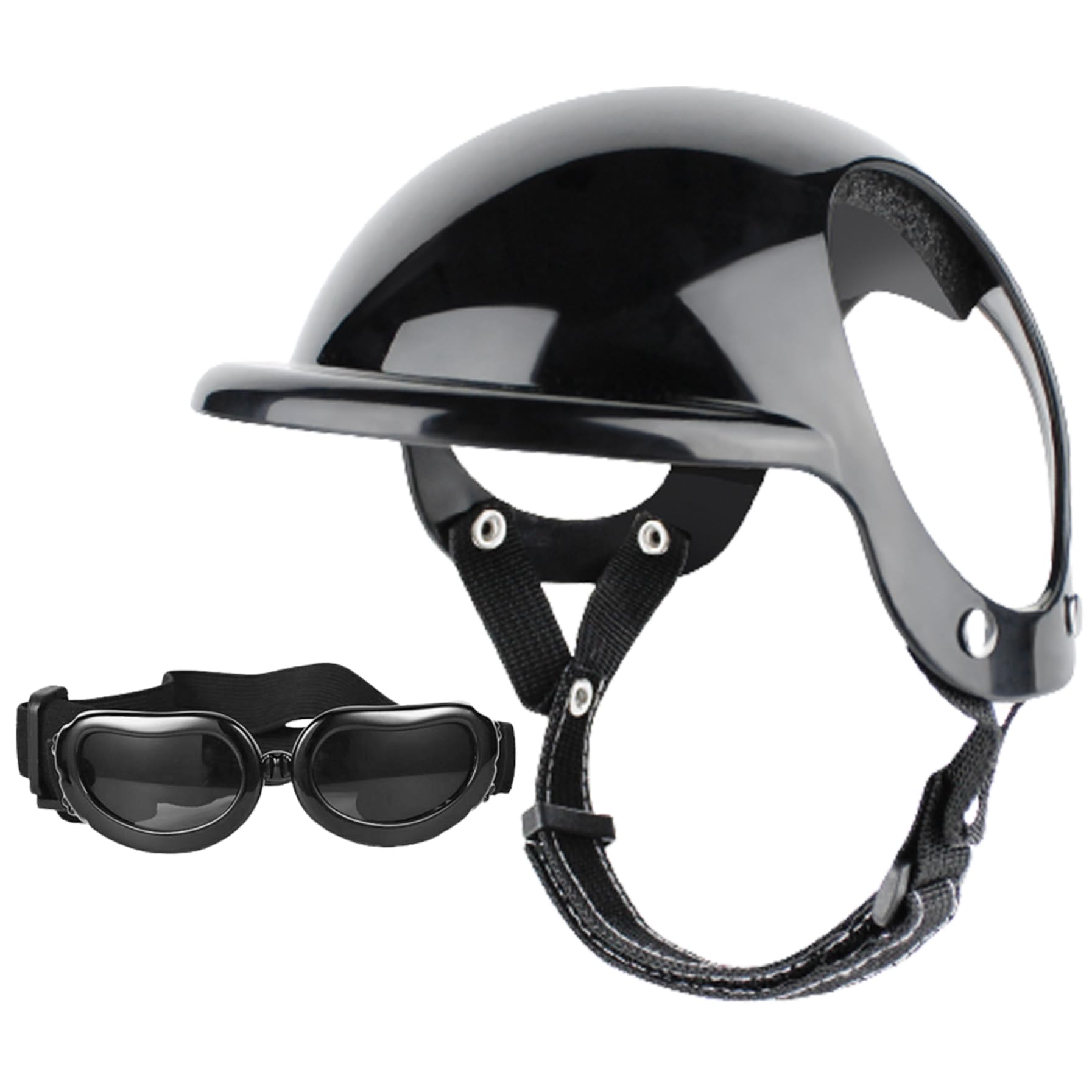 Casque pour Chien, Casque et Lunettes pour Chien 2 pièces/Ensemble dôme de mentonnière réglable avec Trou d'oreille Coupe-Vent Lunettes décoratives élégantes Fournitures pour Animaux de Compagnie