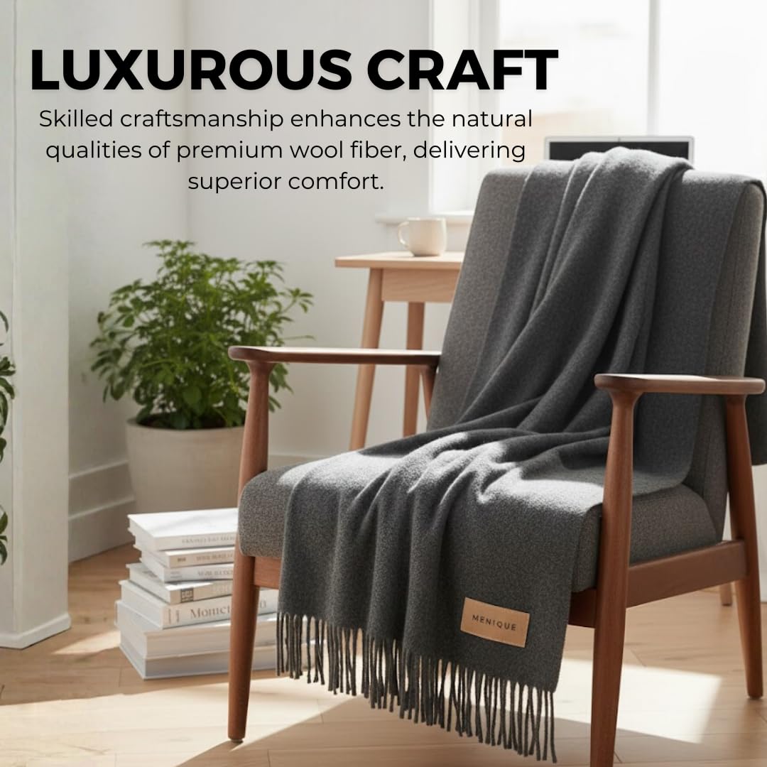 Menique Manta 100% Lana Merino Milan 125x180 cm Gris Oscuro, Gruesa A Cuadros Extra Fina Para Otoño