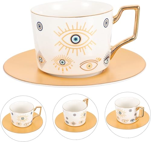 Miniatura 5 de DOITOOL Juego de tazas de café de cerámica de mal de ojo, elegante platillo de taza de café con leche versátil para oficina en casa y restaurante