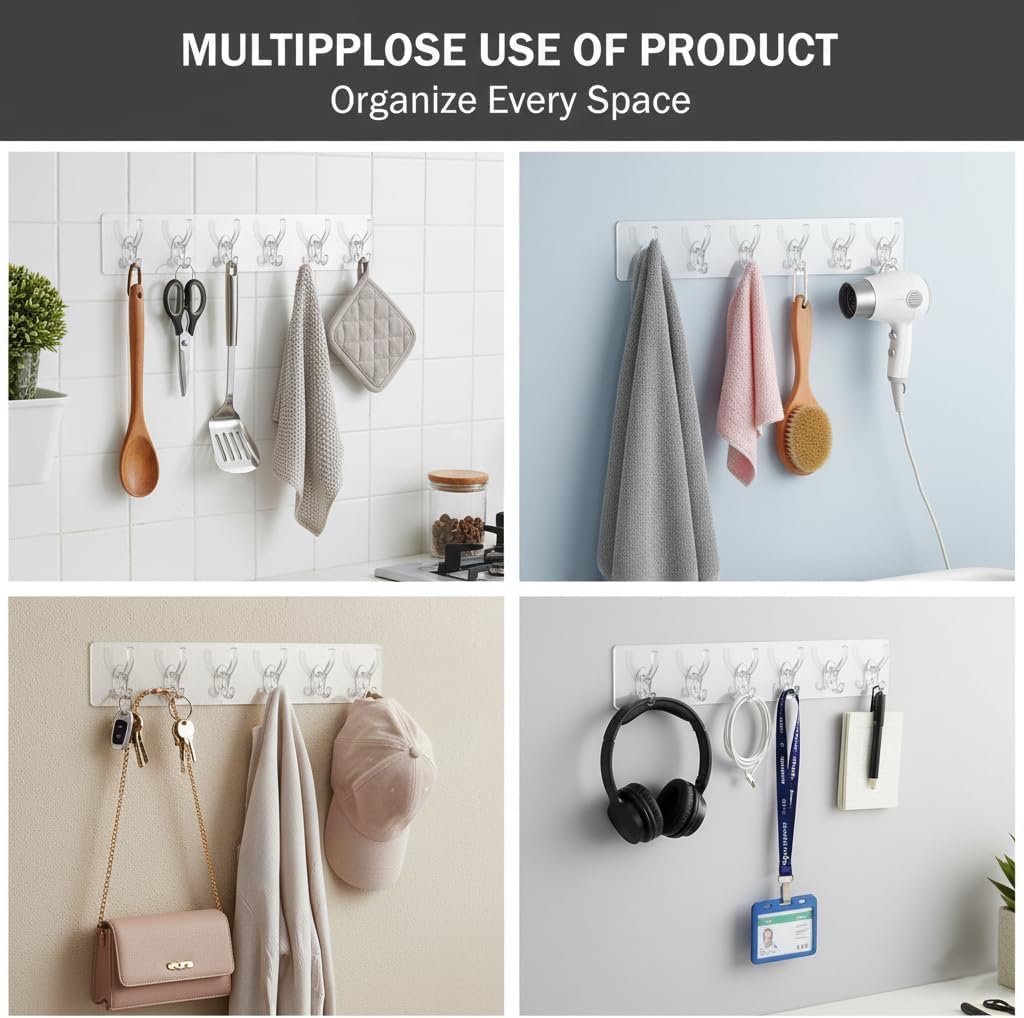 LOTERO Wall Hooks for Hanging, Self Adhesive Wall Hook Strip for Hanging, Wall Hanger Hook Without Drilling, Plastic Magic Sticker Hook for Clothes, Door, Bathroom, Living Room, Kitchen (Pack of 2)