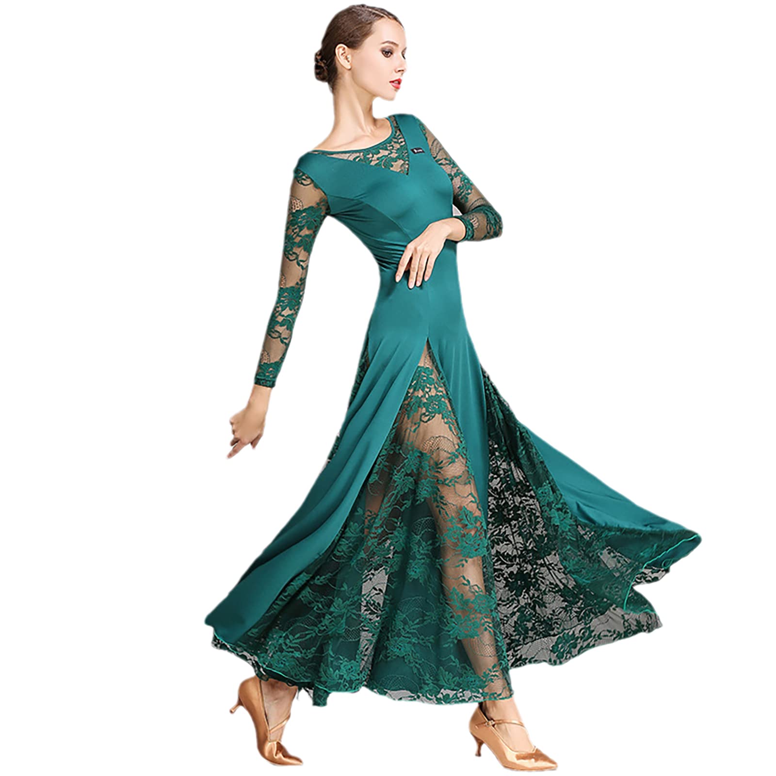 Pizzo Sala da ballo Abito da ballo Donna Maniche lunghe Waltz Tango Abiti da ballo Standard Abito da ballo