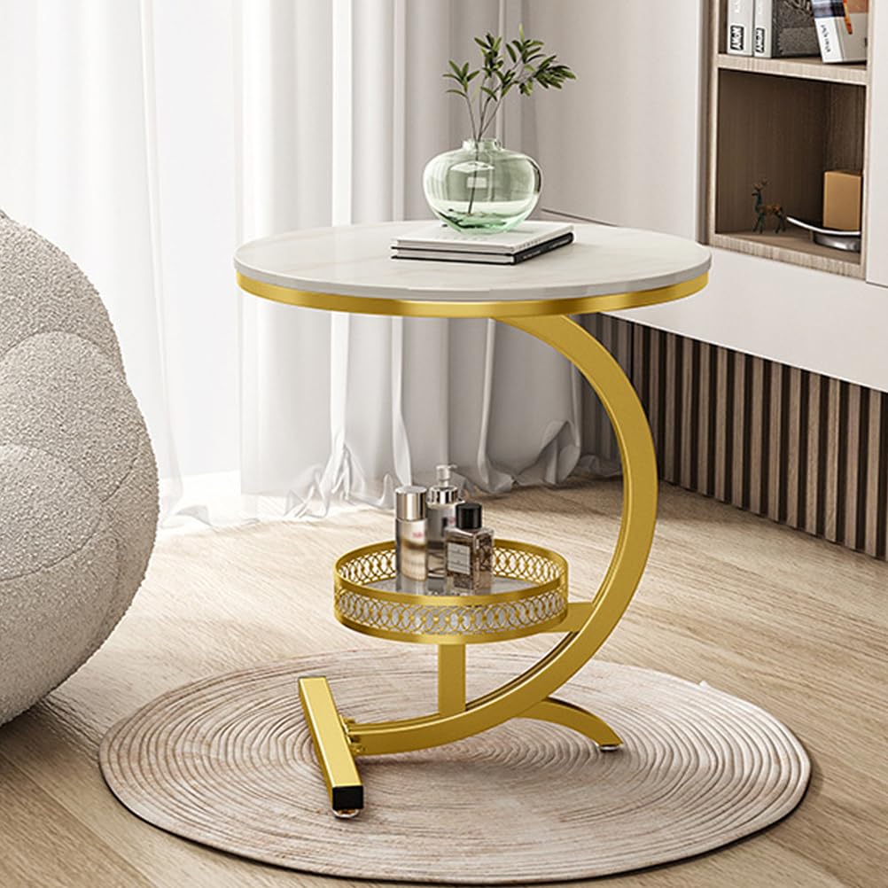 SXZenSpace 2-Tier Storage Shelf C-Shaped End Table for Couch, Round Side Tables TV Tray with Sturdy Metal Frame,Couch That Slide under Living Room,Bedroom,gold,B
