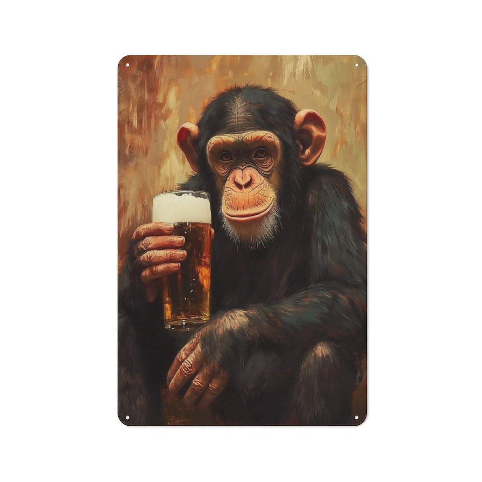Junmoney Style-6 Tin Sign 30X20cm With Chimpanzee With Beer For Living Room Wall, Retro Decor, Autumn Wall Decor For Living Room Decor Lovers