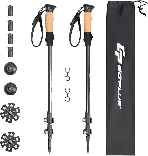 Goplus Bastones de trekking, paquete de 2 bastones ajustables antigolpes para senderismo, escalada, aluminio ligero 7075 con bolsa de transporte
