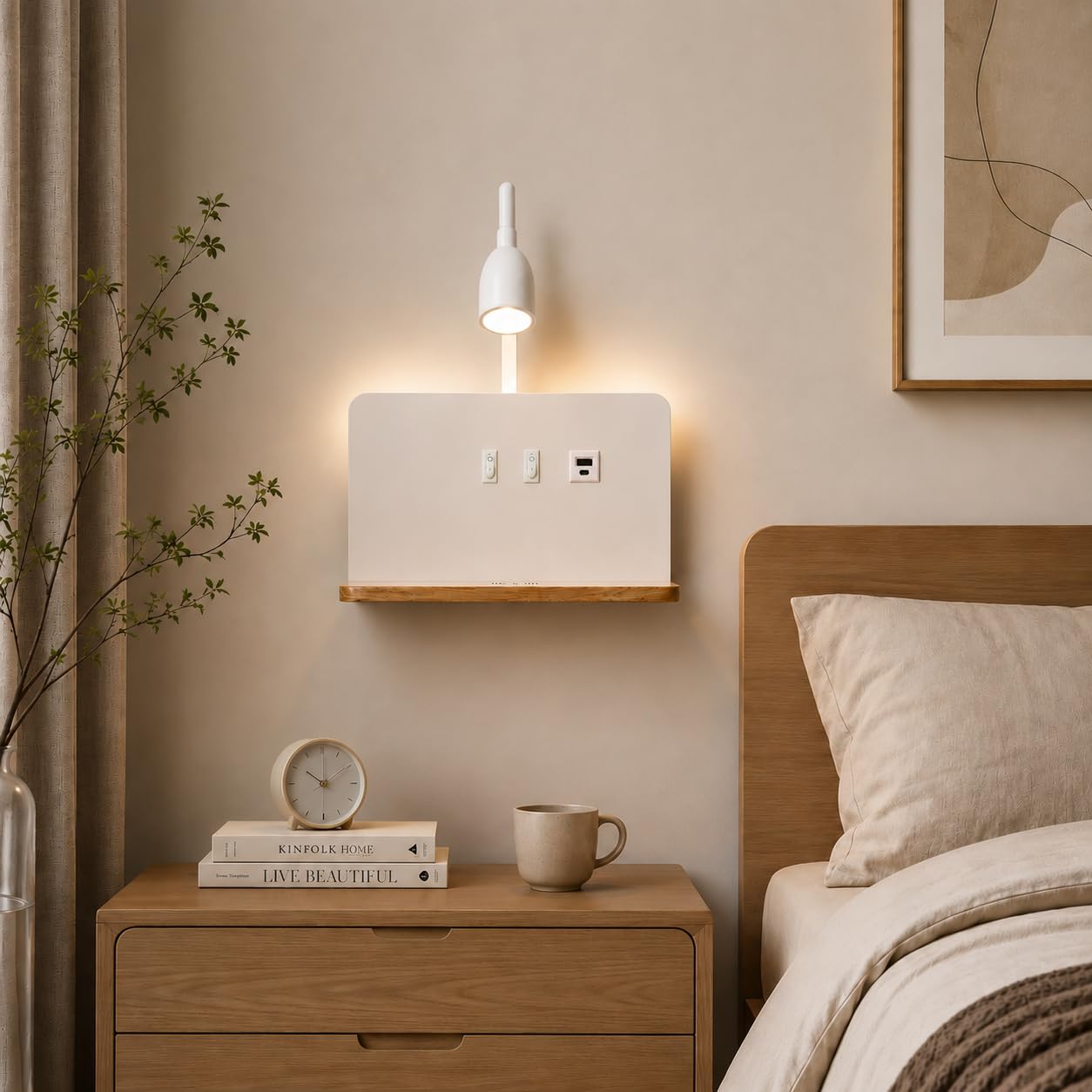 Bianco Applique da parete interno LED, Lampada da parete con Porte di Ricarica USB e Caricatore Wireless, Lampada a Muro a parete con spina e cavo, Regolabile e Flessibile Luce da Lettura Dimmerabile