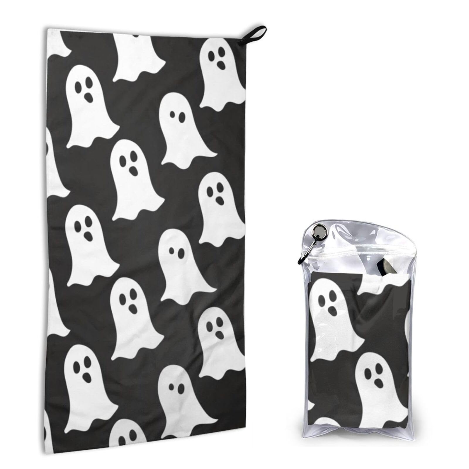 BWWHCCTI Quick Dry Hand Towel With Bag - Cute White Ghost Halloween Pattern Printed Super Absorbent Face Cloth Microfiber Travel Sports Towels 40x80cm