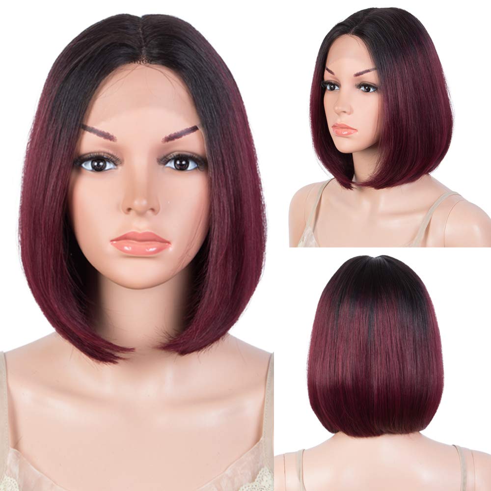 DÉBUT Ombre Red Short Bob Wigs Human Hair Middle Part Lace Front Wigs For Women 10 Inch 100% Brazilian Virgin Remy Silky Straight Human Hair Bob Wigs 130% Density (10 Inch Color:Ombre Red)