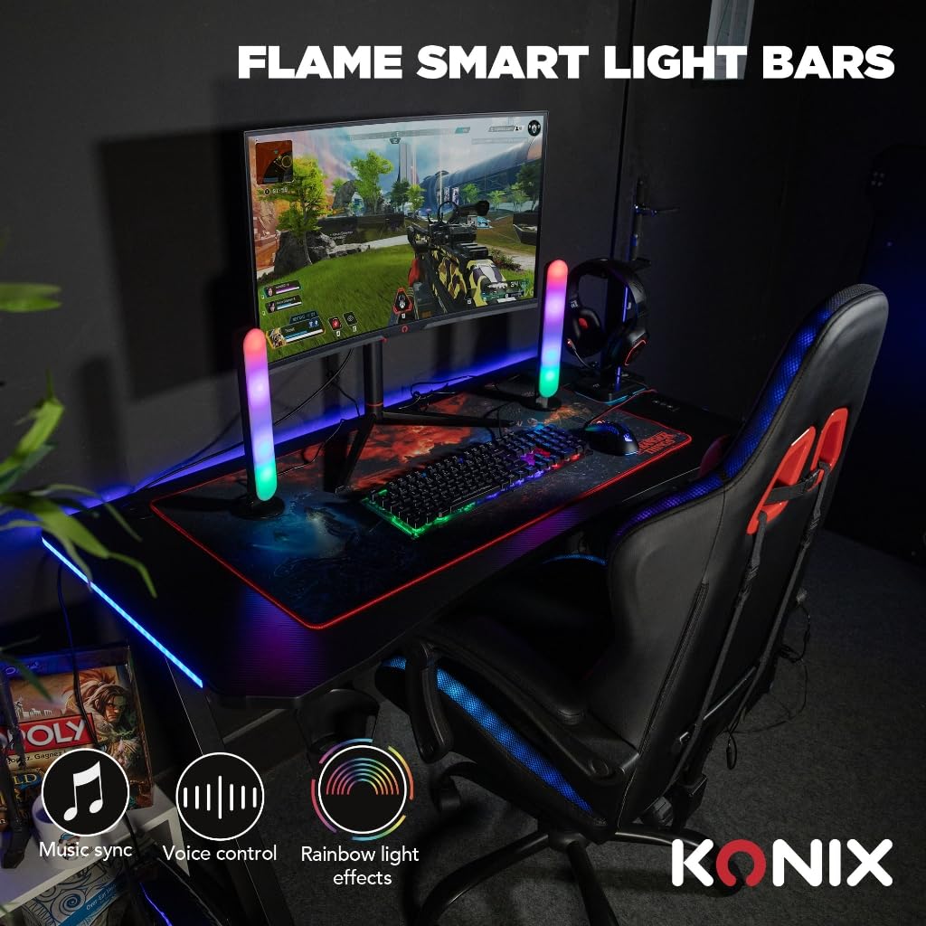 Konix Drakkar Barre di illuminazione gaming LED Flame - Illuminazione RGBIC - Sincronizzazione musicale - Integrazione domotica Tuya - Altezza 30 cm