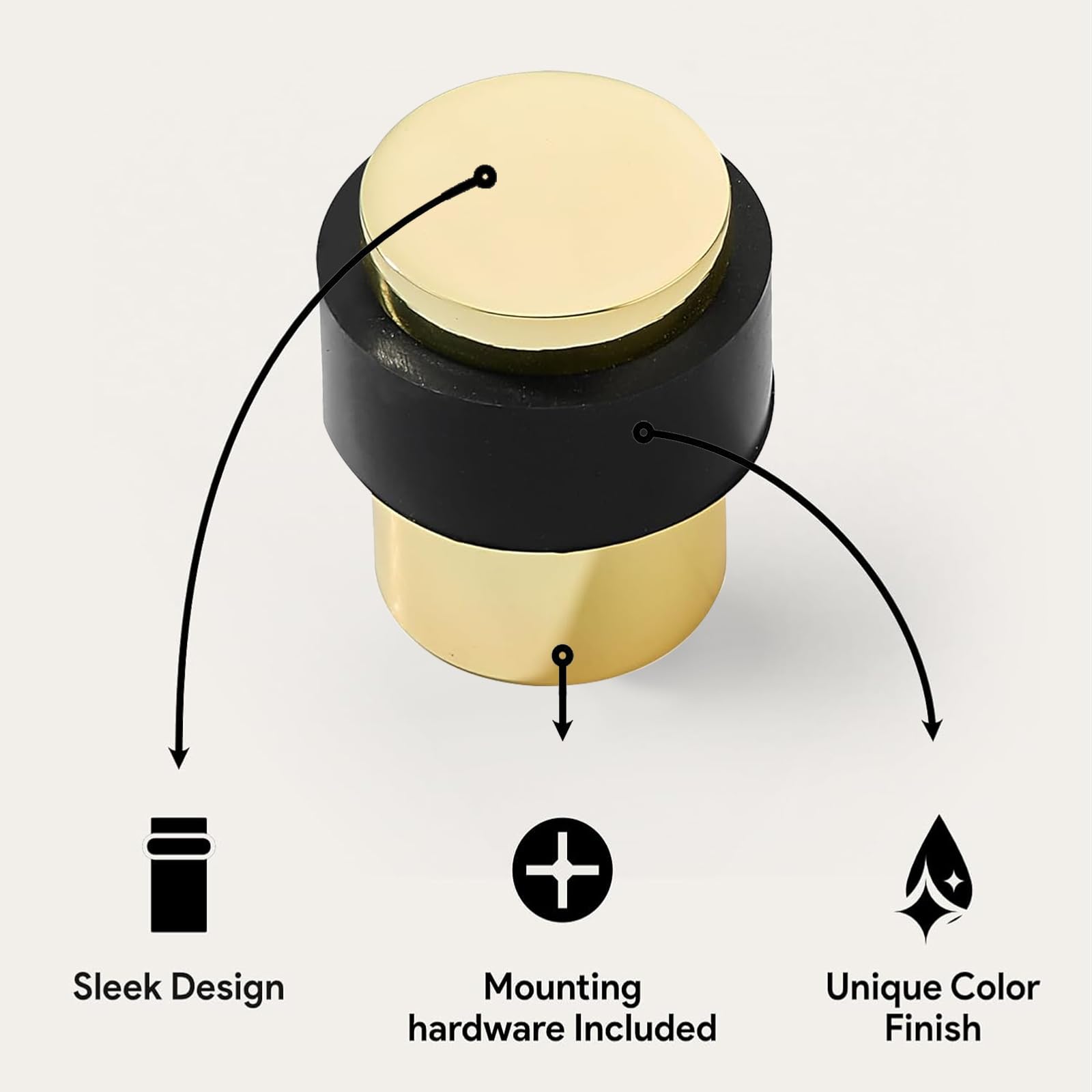 KHTUMEWARE 3801 cylindrical floor door stop dimension diagram, 1-1/2 in (38 mm) overall height, 1.38 in (35 mm) max diameter, Polished Gold.