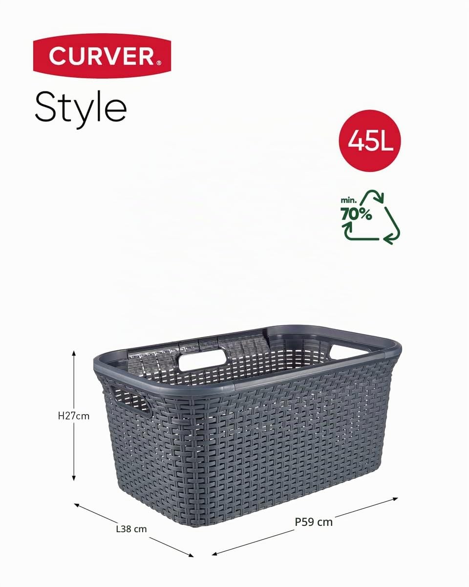 Curver, Panier à linge 45 L Aspect rotin, Anthracite, 59,2 x 38 x 27 cm, Plastique 188958